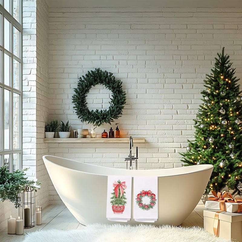 SPBL&L Chinoiserie Christmas Kitchen Towels,Red Bow Coquette Christmas Tree Dish Towels for Kitchen Bathroom, Red Christmas Hand Towels for Kitchen,Set of 2 Grandmillennial Decor,16x24 Inches - Image 4